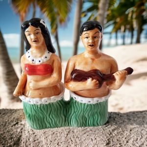 Hula Couple Tropical Salt Pepper Ceramic 4.5" x 5" Shakers Accoutrements